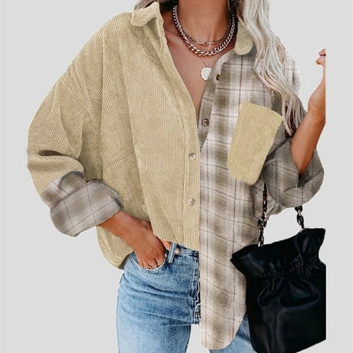 Turn-down Collar Button Blouses Plaid Print Stitching Top