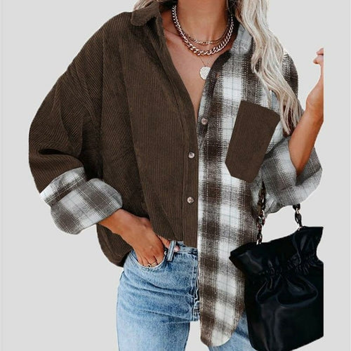 Turn-down Collar Button Blouses Plaid Print Stitching Top