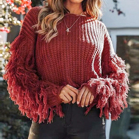 Women Fringe Sleeves Loose Knitted Jumpers Sweater