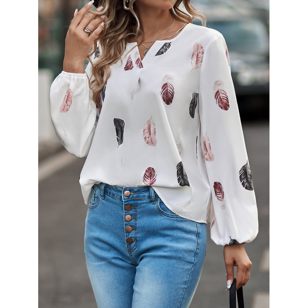 V-neck Feather Print Long-sleeved Loose T-shirt Women's Tops