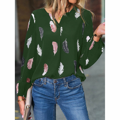 V-neck Feather Print Long-sleeved Loose T-shirt Women's Tops