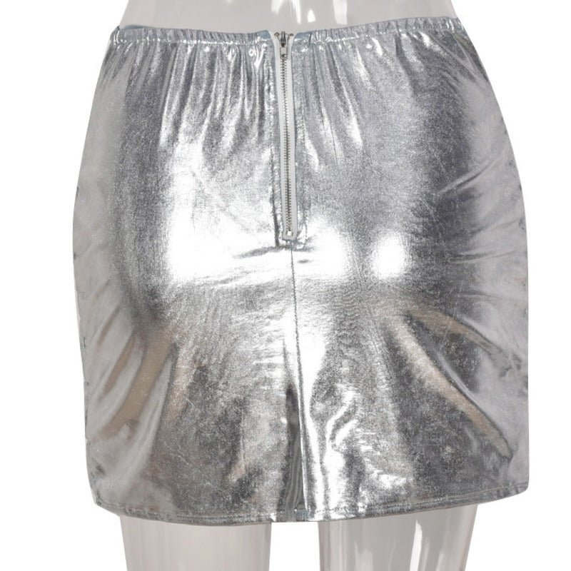 Silver Women's Puffer Skirt Metallic Shiny Solid Warm Quilted Mini