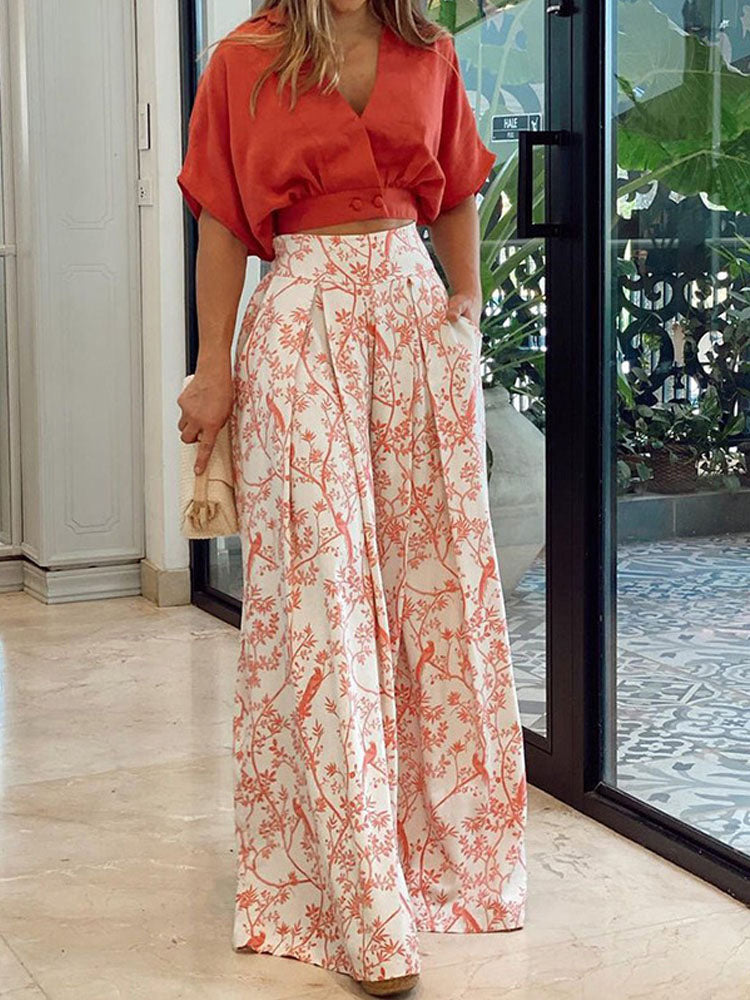 V Neck Crop Top Blouse and Wide Leg Pants Suit